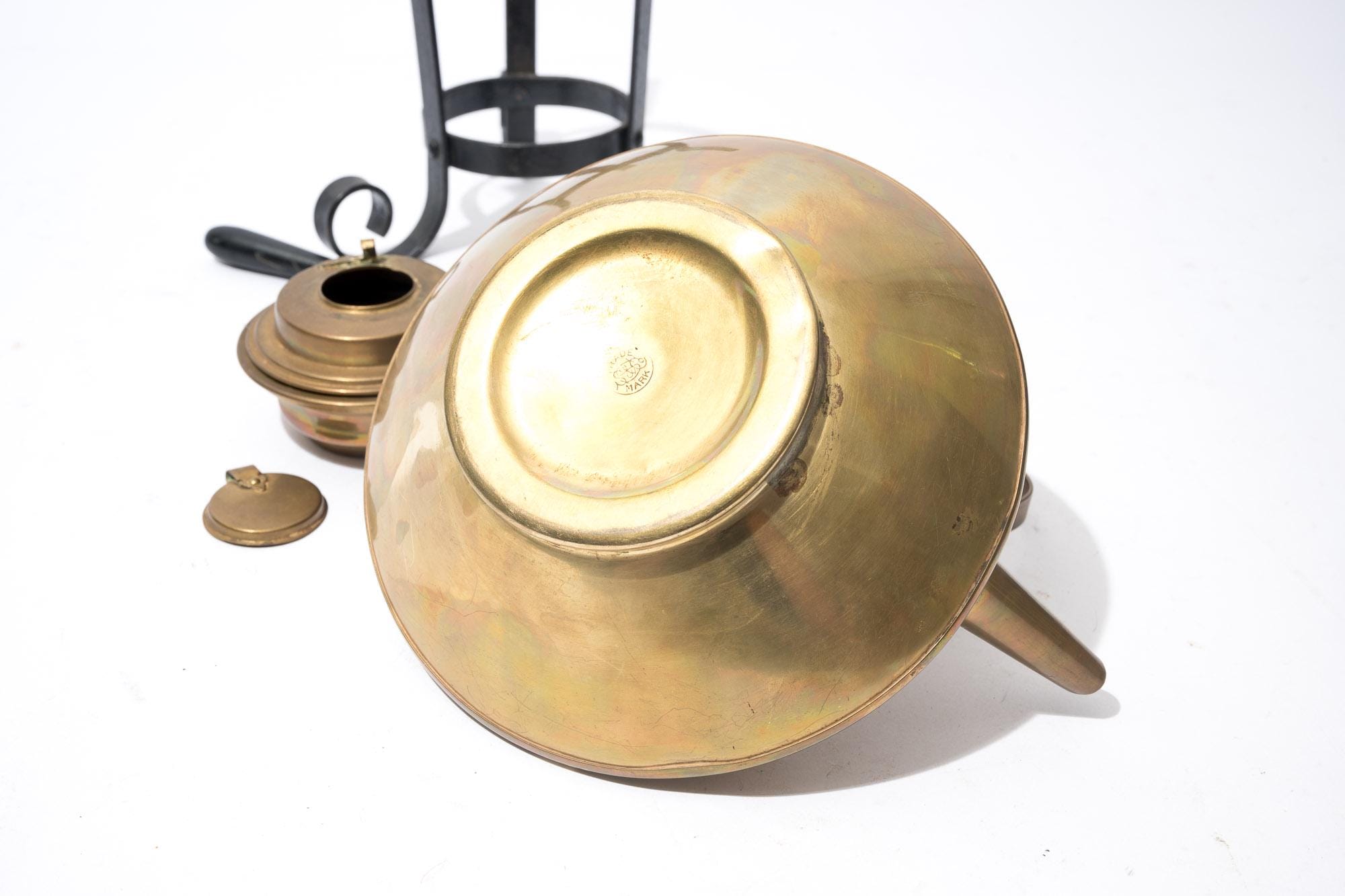 アンティーク真鍮製スピリットケトル、ティーポット、スタンドと