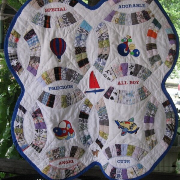 Recycled  Quilt With Added Embroidery for Baby Boys