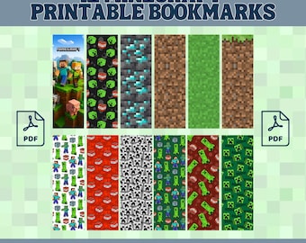 Minecraft風の印刷可能なブックマーク – 12個セット PDFデジタルダウンロード | ゲーマー向けギフト | パーティーの記念品 | お子様の読書の楽しみ