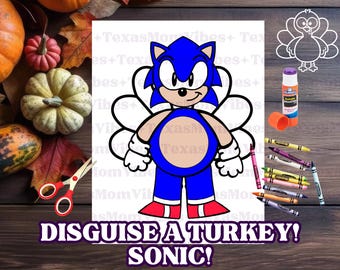 Op de afbeelding: Een afdrukbare PDF met een blauw stripfiguur dat lijkt op Sonic the Hedgehog, ontworpen om een kalkoen te vermommen. De afbeelding bevat de tekst "DISGUISE A TURKEY! SONIC!" en een downloadpijl. Kleurpotloden, lijm en een kalkoenomtrek zijn ook zichtbaar.
