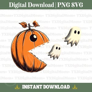 May include: A cartoon pumpkin with a Pac-Man-like mouth is eating two white ghosts. The pumpkin is orange with a green stem and leaves. The ghosts are white with black eyes.