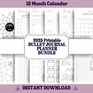 2025 Druckbares Bullet Journal, Bujo Vorlage, Bullet Journal Seiten, Täglich Wöchentlich Monatlich, Stimmungstracker, PDF zum Downloaden