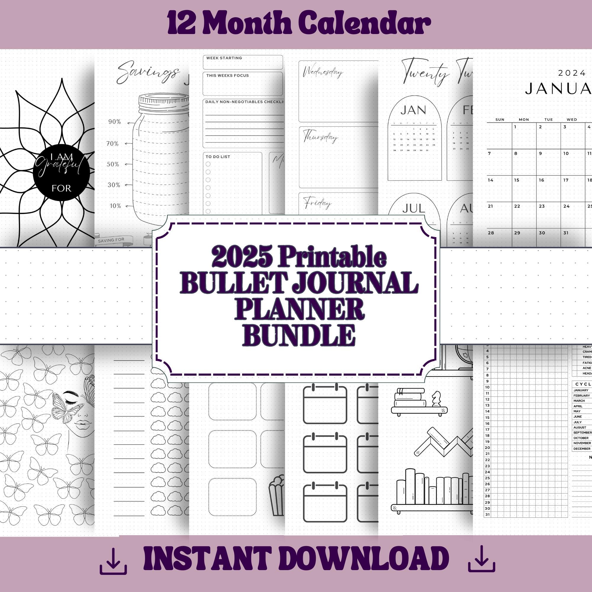 store product block 2025 Printable Bullet Journal, Bujo template, Bullet Journal Pages, Daily Weekly Monthly Habit Mood Tracker, Printable Tracker, PDF Download poster