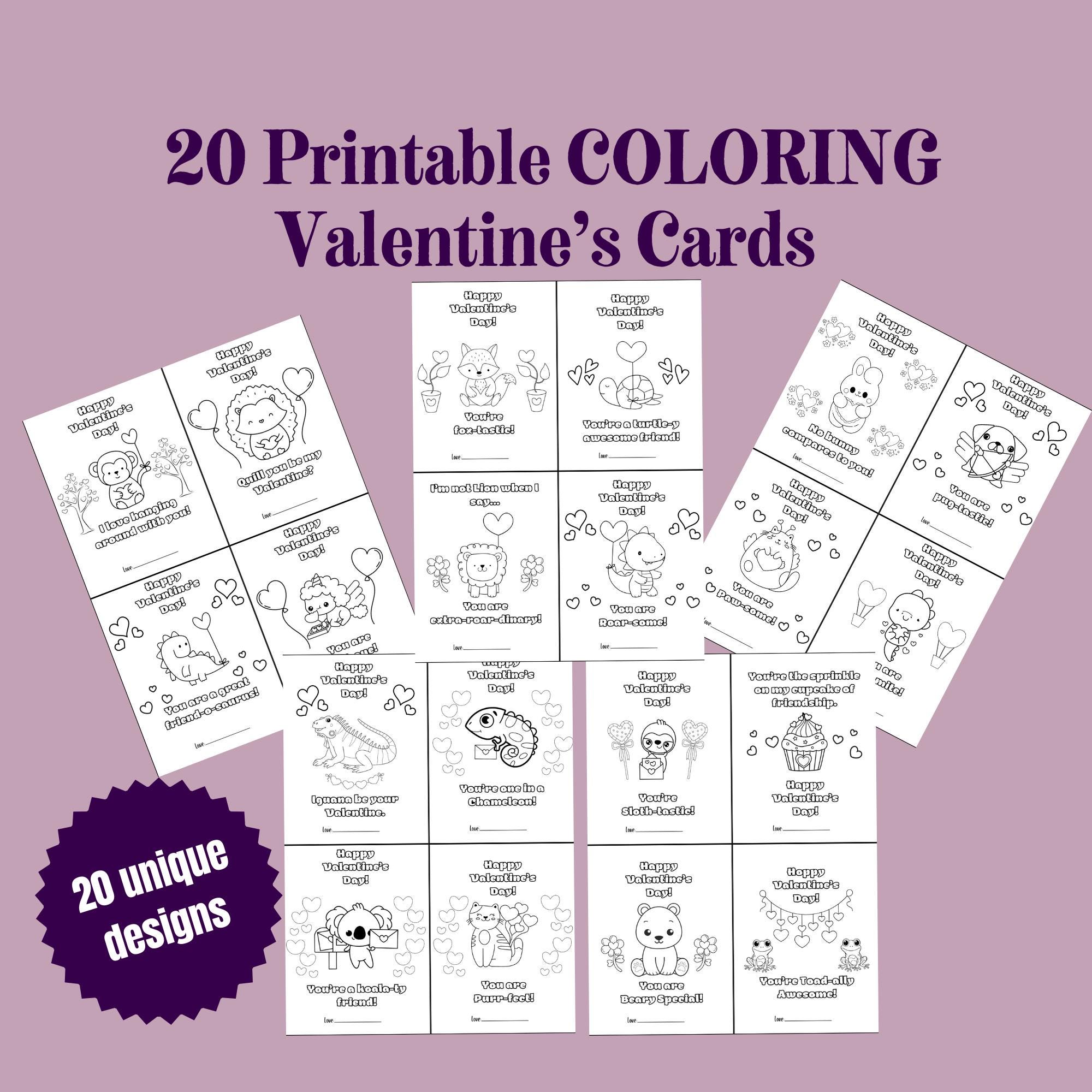 store product block Printable Coloring Valentine Cards | 20 Fun Designs PDF | DIY Valentine’s Day Class Favors | Kids Cards to Color | Mylar Bag Tags poster