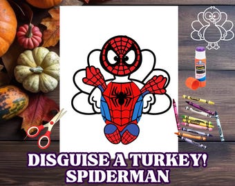 Op de afbeelding: Een printbare kleurplaat met een cartoon-kalkoen die verkleed is als Spiderman. De kalkoen draagt een rood-blauw Spiderman-kostuum met een spinnenlogo op de borst. De pagina heeft de titel "Disguise a Turkey! Spiderman" en bevat de tekst "Direct downloaden".