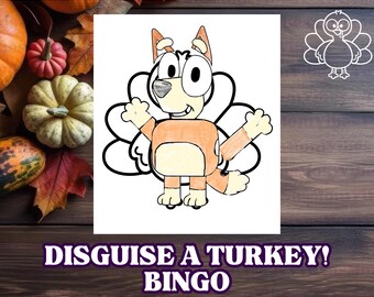 May include: A printable PDF featuring a cartoon dog character dressed as a turkey for a Thanksgiving-themed bingo game. The image includes the text "DISGUISE A TURKEY! BINGO" and "INSTANT DOWNLOAD". The background features pumpkins and autumn leaves.