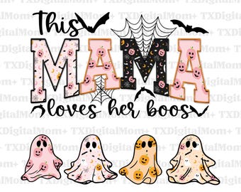Cette maman aime ses huées PNG, maman Halloween brodé PNG, effrayant maman Png, fantôme d'Halloween Png, Png fantôme scintillant, maman avec nom d'enfant