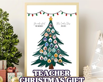 May include: Editable Canva template for a teacher Christmas gift. The template features a green Christmas tree with ornaments that can be personalized with photos. The text "You make school TREE-MENDOUS!" and "Ms. Cambis' Class 2024-2025" is included.