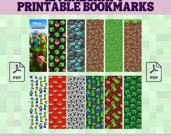 Minecraft風の印刷可能なブックマーク – 12個セット PDFデジタルダウンロード | ゲーマー向けギフト | パーティーの記念品 | お子様の読書の楽しみ