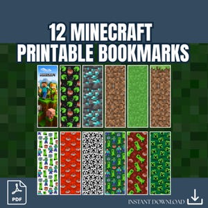 Op Minecraft geïnspireerde afdrukbare bladwijzers: set van 12 digitale pdf-downloads | Gamercadeaus | Feestartikelen | Leesplezier voor kinderen