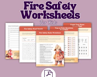 Könnte beinhalten: Ein Satz von vier druckbaren Brandschutz-Arbeitsblättern für Kinder. Die Arbeitsblätter beinhalten eine Brandschutz-Checkliste, ein Suchwort, Richtig-Falsch-Fragen und eine Aktivität zum Erstellen eines Fluchtplans für den Brandfall für Ihr Zuhause. Die Arbeitsblätter zeigen einen Comic-Feuerwehrmann.