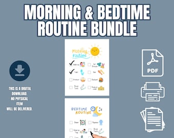 May include: A digital morning and bedtime routine bundle featuring two printable checklists with colorful icons for daily tasks. The top sheet shows a morning routine with a sun, while the bottom sheet shows a bedtime routine with a moon and stars.