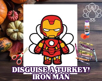Op de afbeelding: Printbare kleurplaat met een Iron Man-cartoon met kalkoen vleugels. De pagina bevat de tekst "Disguise a Turkey! Iron Man" en "Instant Download".