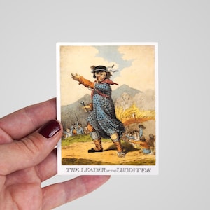May include: A vintage illustration of a man in a blue and white patterned outfit, holding a stick and standing in front of a group of people. The text below the image reads "THE LEADER of the LANDITTAS."