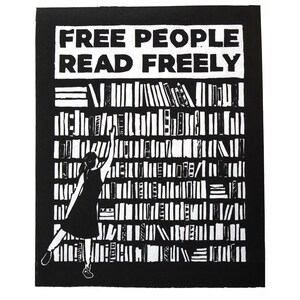 May include: Black and white illustration of a person reaching for a book on a bookshelf. The text "FREE PEOPLE READ FREELY" is at the top of the image.
