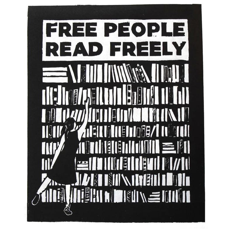 May include: Black and white illustration of a person reaching for a book on a bookshelf. The text "FREE PEOPLE READ FREELY" is at the top of the image.