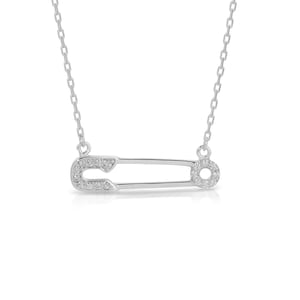 Silver CZ Safety Pin Necklace
