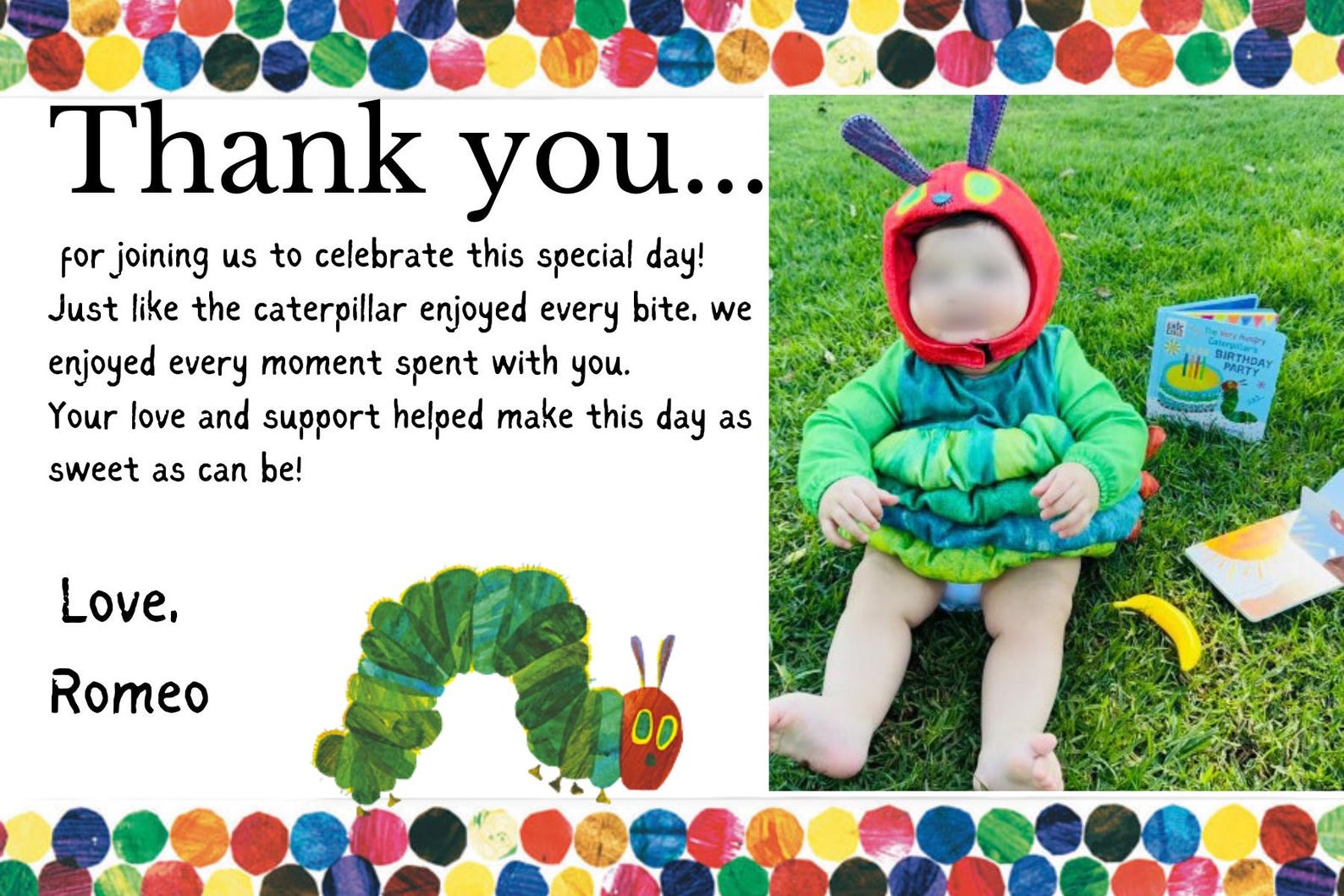 Very Hungry Caterpillar Thank You Birthday Card 6x4 Photo (editable