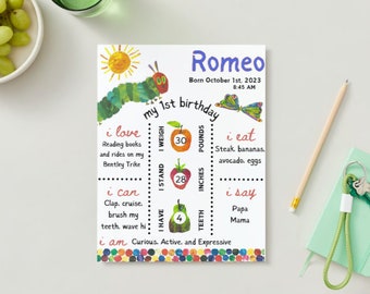 Plantilla de estadísticas de cumpleaños de La oruga muy hambrienta / Póster de hitos editable en Canva