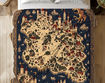 Fantasy Kingdom Map Blanket, Enchanted Realm Throw, Medieval Adventure Decor, Dragon World Gift, Castlecore Blanket, Cartography Fairytale