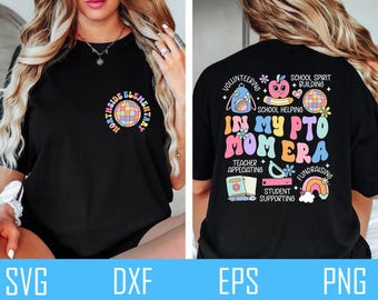 May include: Black t-shirt with a colourful graphic design featuring a disco ball and the text "Northside Elementary". The back of the shirt has a colourful graphic design with the text "In My PTO Mom Era" and other school-related phrases.