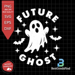 May include: Black and white graphic design featuring a ghost with the text "Future Ghost" in a circle with stars and bats around it.
