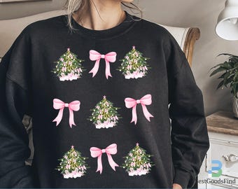 Coquette Christmas Tree PNG Pink Bows Png Retro Christmas Preppy Png Pink Christmas Png design for kids Girly Xmas Png room decor