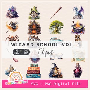 199 Wizard School Watercolor Clip Art - 199 PNG Magic Wizard Clipart Pack - Commercial Use - Wand, Potion, owl, castle