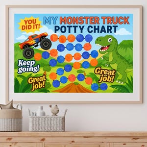 Puede incluir: Un "My Monster Truck Potty Chart" enmarcado con un camión monstruo, un dinosaurio y frases alentadoras. El gráfico presenta círculos naranjas y azules para rastrear el progreso, sobre un paisaje colorido.