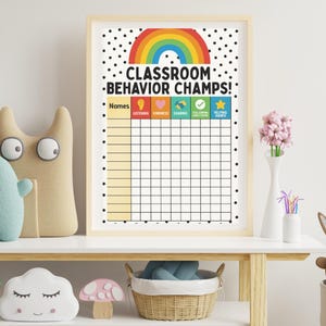 May include: A framed classroom behaviour chart with a rainbow and the words "CLASSROOM BEHAVIOR CHAMPS!" in black. The chart has a grid for names and behaviour categories. The frame is light wood.