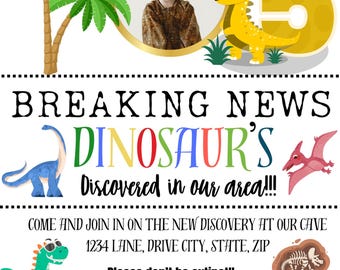 Dinosaur Birthday Invitation | Breaking News Party | Editable PNG | Digital Download | Kids Birthday Invite