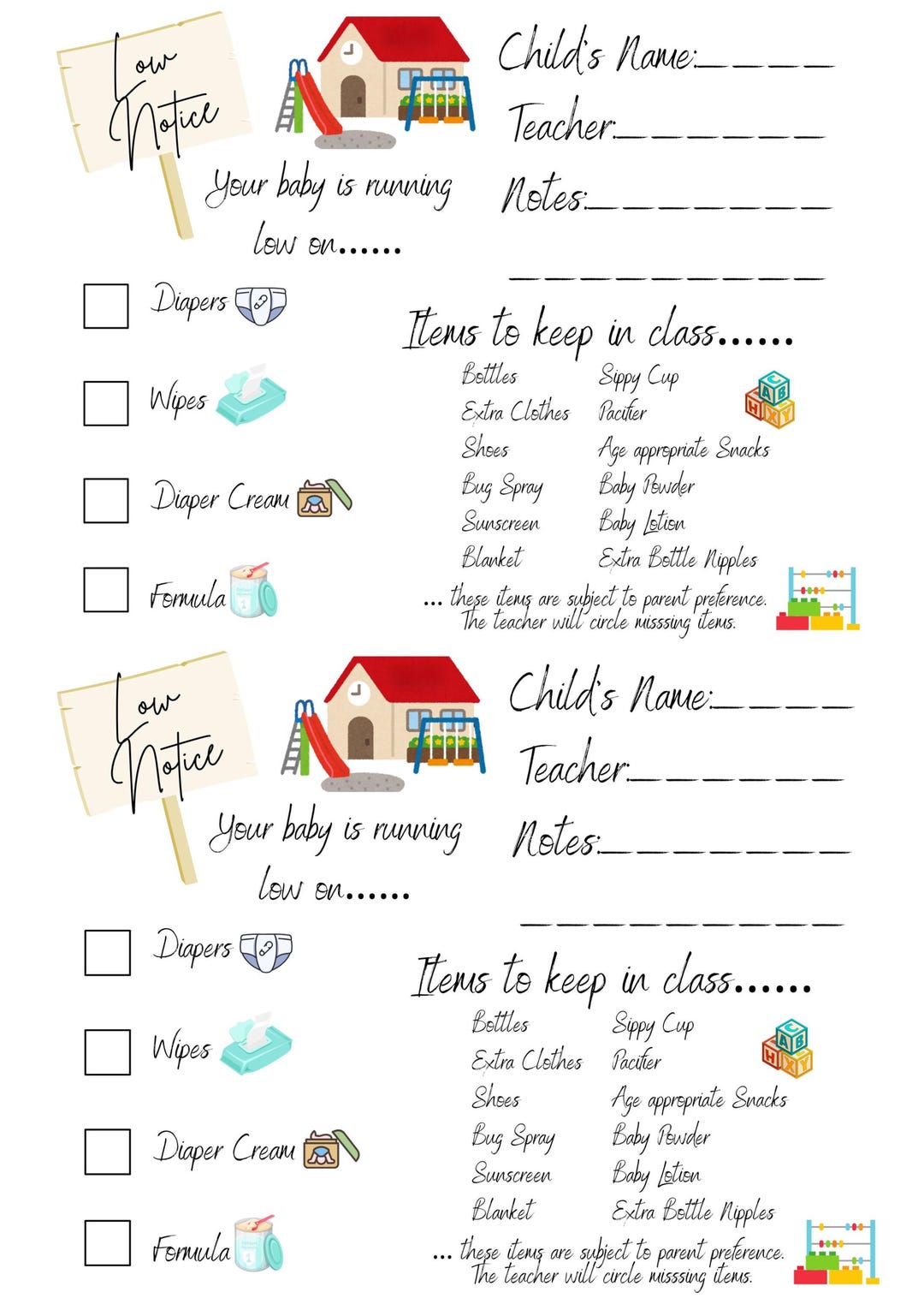 Daycare Supply Reminder Form: Printable Parent Notice, Child Needs ...
