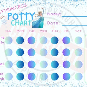 May include: A blue and purple printable potty training chart featuring a cartoon image of Elsa from Frozen. The chart includes a checklist of potty training tasks for each day of the week, including "I went to the potty", "I used tissue", "I flushed", and "I washed my hands". The chart also includes a space for a reward.