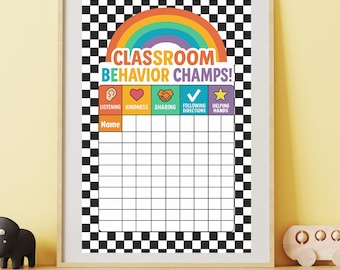Rainbow Checkered Classroom Behavior Chart, Teacher Decor, Digital Download, PDF Printable, Classroom Management Tool