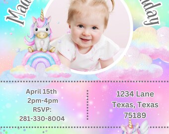 Unicorn Birthday Invitation | Editable Rainbow Party Invite PNG | Printable Magical Card for Girls | Instant Digital Download