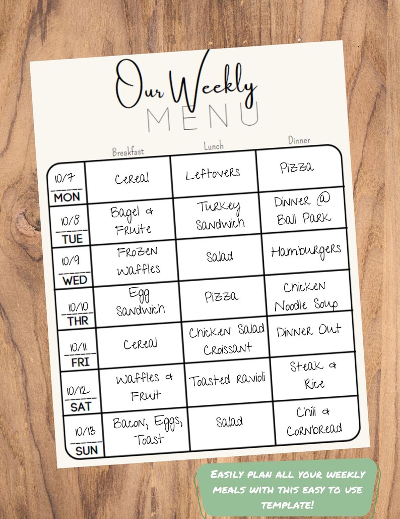 Weekly menu meal planner printable etsy
