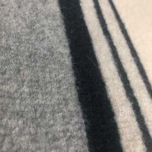 May include: A close-up of a gray and white striped fabric with black stripes. The fabric is soft and fuzzy, and the stripes are evenly spaced.