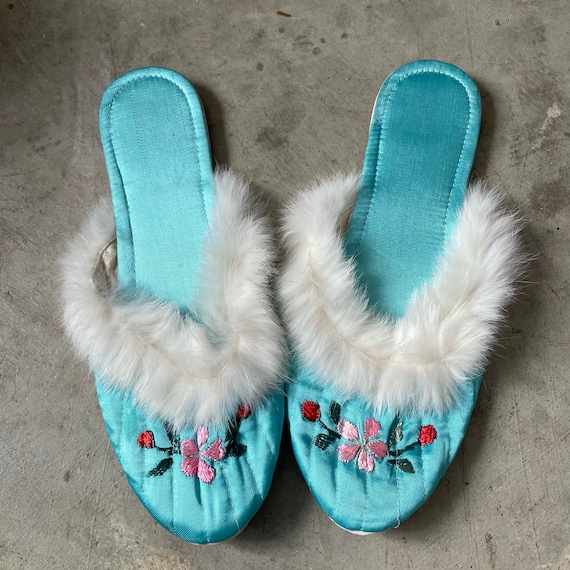 Aqua blue boudoir slippers vintage - image 1