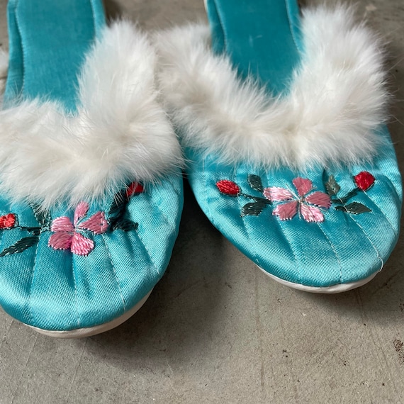 Aqua blue boudoir slippers vintage - image 2