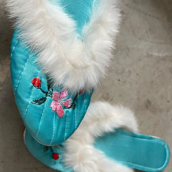 Aqua blue boudoir slippers vintage - image 3