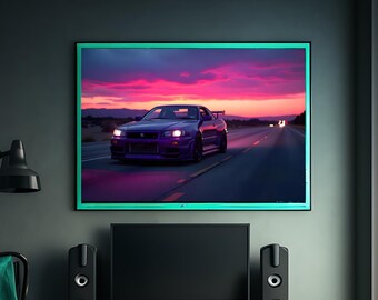 Nissan GTR R34 Midnight Purple Wall Art, Car Poster Home decor, Landscape Art Printable Digital Download