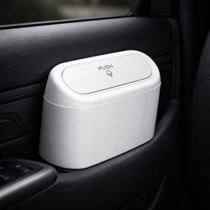 White Car Trash Can for Door Pocket, Mini Push Lid Organizer, Clean Car Accessory