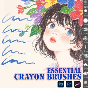 May include: A digital illustration of a girl with flowers in her hair. The image is accompanied by a set of 10 digital crayon brushes for use in Photoshop, Procreate, and other digital art programs. The brushes are labeled with numbers and names, such as "Crayon Brush 01" and "Crayon Brush 02".