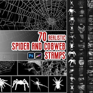 May include: A digital art set featuring 70 realistic spider and cobweb stamps. The image showcases various spider web designs and spider silhouettes in white against a black background. The text "70 REALISTIC SPIDER AND COBWEB STAMPS" is displayed in red.