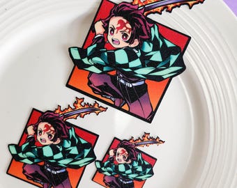 Tanjiro Style Glittery Vinyl Sticker | Chibi Anime Sword Fighter | Waterproof