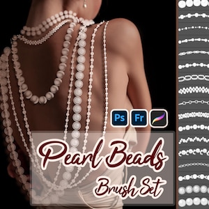 以下が含まれることがあります： 20種類の異なる真珠ビーズのデザインを備えた、PhotoshopとProcreate用のブラシセット。ブラシは白で、グレーの背景に並んでいます。テキスト「Pearl Beads Brush Set」は、グレーの背景に赤と白で書かれています。