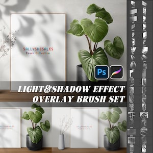 Puede incluir: Un conjunto de pinceles de superposición de efectos de luz y sombra para Photoshop. La imagen muestra una colección de pinceles en un formato de cuadrícula, con cada pincel mostrando un efecto de luz y sombra diferente. El texto "LIGHT & SHADOW EFFECT OVERLAY BRUSH SET" se muestra en letras grandes y en negrita en la parte inferior de la imagen.