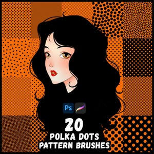 May include: A set of 20 digital polka dot pattern brushes for Adobe Photoshop. The brushes are designed to create various polka dot patterns with different sizes and spacing. The image shows a variety of polka dot patterns in black and white on an orange background.
