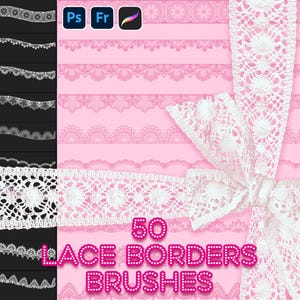 May include: A set of 50 lace border brushes for Photoshop and Procreate. The image shows a variety of lace designs in white on a pink background. The text "50 Lace Borders Brushes" is in pink with white polka dots.