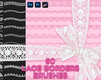 50 Pincéis para Bordas de Renda: Carimbos para Procreate e Photoshop (Download Digital)